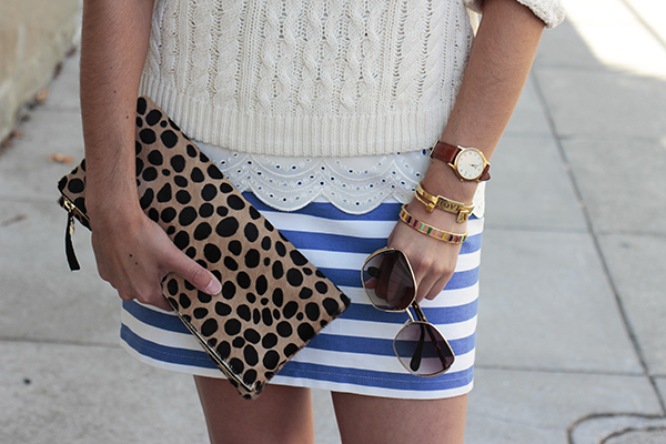 Whisk and Heels - Tinley Road Skirt, H&M Sweater, Clare V Clutch, Nine West Sandals